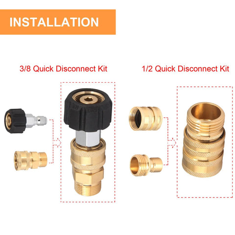 Merkaunis pressure washer adapter set, brass quick-disconnect fittings in 3/8 and 1/2 in, installation view.