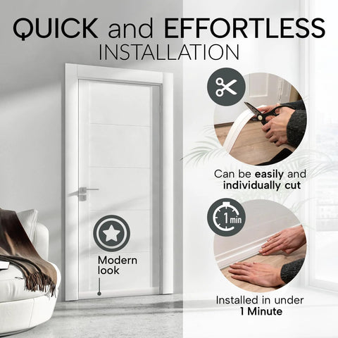 Door draft stopper for bottom of door; white door sweep, quick installation and easy cut.