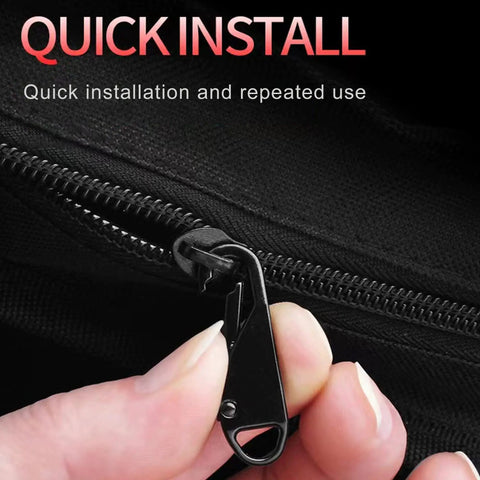 Close-up of black zipper slider from Six Pack Zipper Pull Replacements Kit for Clothing Jackets Backpacks Purses and Coats.