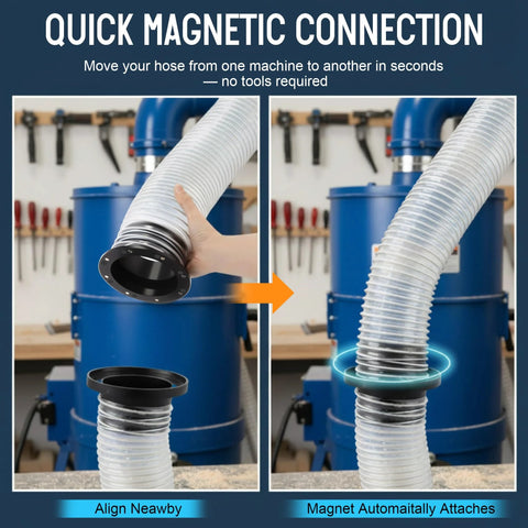 Saillong magnetic dust collection fitting, ABS, 4-inch hose end being attached by hand
Saillong magnetic dust collection fitting, ABS, 4-inch hose end with magnet collar securing connection