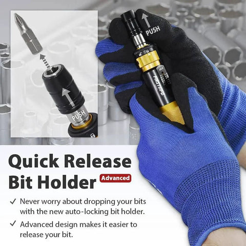 Hands using Torque Limiting Screwdriver 5-60 cNm (0.05-0.6 Nm), 1/4 Inch Universal Hex Quick Release Bit Holder with text overlay about features