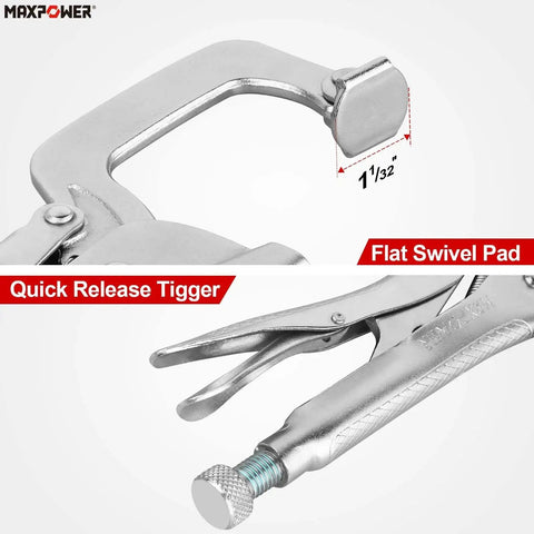 Close-up of 11 Inch Bench Clamp Set For Welding Tables With Inserta Pliers And Table Mount Locking C Clamps Pack Of 2 showing flat swivel pad