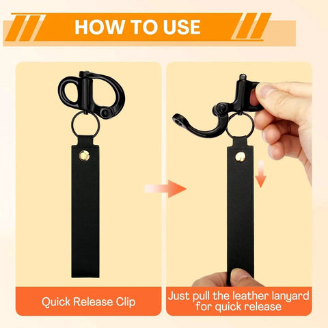How to use the Mask Quick Release Clip With Leather Handle For Firefighter And Marine Rigging Snap Shackle in black.