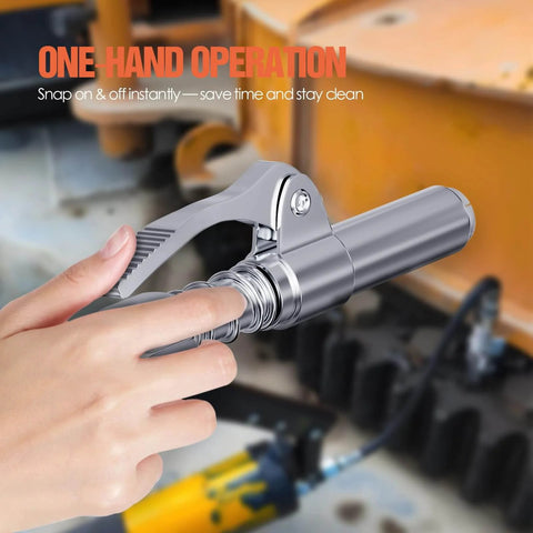 Grease Gun Coupler 2-Pack Quick Release Tips With One-Hand Operation, 6-Jaw Locking, Fits One-Eighth NPT Thread in use on machine