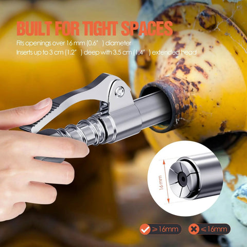 Grease Gun Coupler 2-Pack Quick Release Tips With One-Hand Operation, 6-Jaw Locking, inserted into equipment, close-up view
