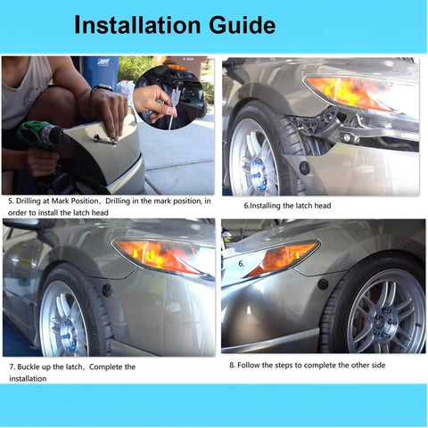 Installation guide for quick release latch license plate lock clip kit on vehicle bumper.