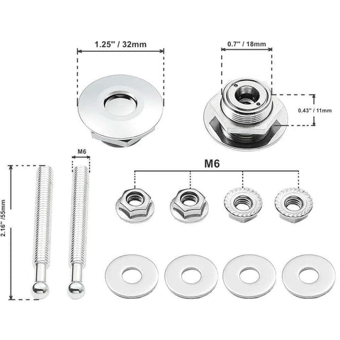Quick release latch license plate lock clip kit, 1.25 inch aluminum alloy hood pins, stainless steel hardware, silver components layout.