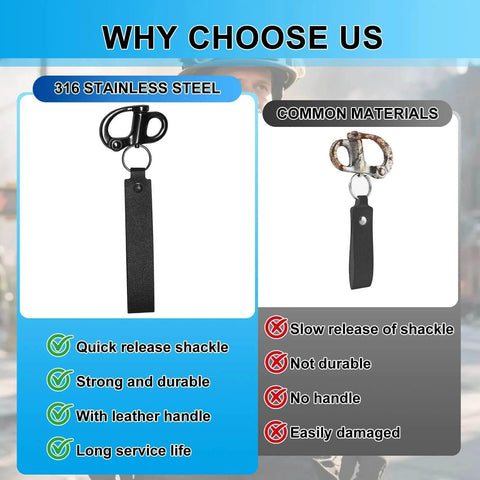 Mask Quick Release Clips With Carabiner Two Pack Black material comparison showcasing stainless steel and common materials.