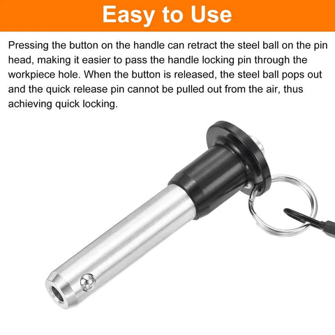 Close-up of Two Pack Quick Release Pins Half Inch Diameter By One Point Six Inch Length Ball Locking Pin with Push Button and Ring Handle