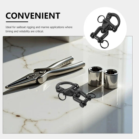 FUOYLOO quick-release snap shackle, black stainless steel marine-grade with swivel eye, front view