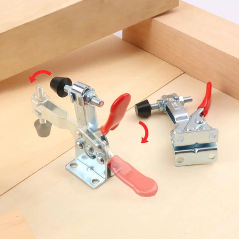Pro Grade Quick Release Toggle Clamps 225D Set 15 Pack With 500lbs Holding Capacity for woodworking, showing clamps on wooden surface