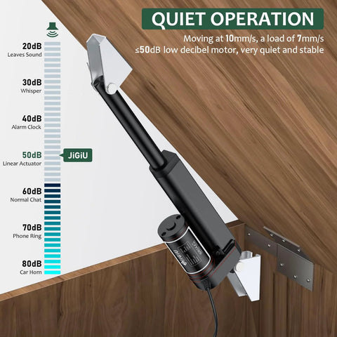 JiGiU 12V heavy-duty linear actuator with mounting brackets, black finish, for cabinet doors.