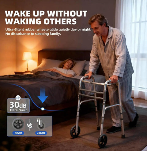 Man using walker with Replacement Heavy Duty Aluminum Caster Wheels For Standard Walker Aids With Non Slip Foot Pads