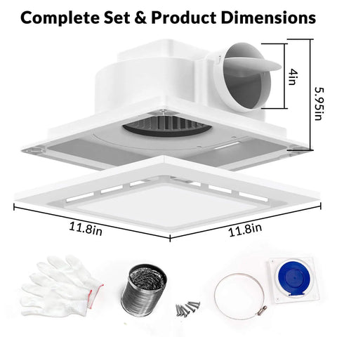 Ultra Quiet Bathroom Exhaust Fan With Light 144 CFM 1 Sone DC Motor 35W 6500K 1200LM LED with 11.8 inch grille and accessories