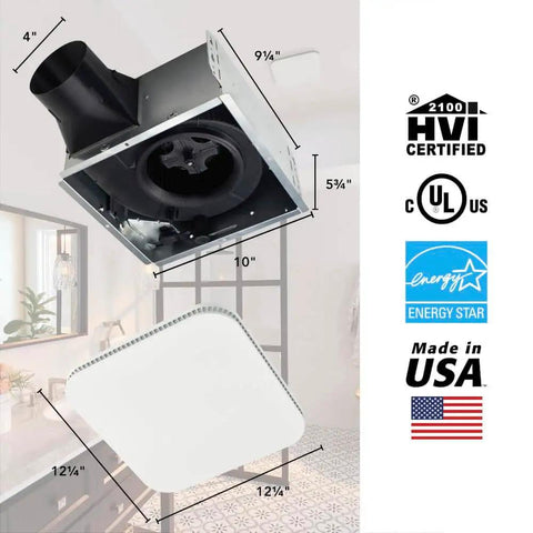 Ultra Quiet Bathroom Exhaust Fan With Easy Retrofit Without Attic Access 110 CFM 1 Sone Energy Star Certified Made In USA visible with grille and dimensions.