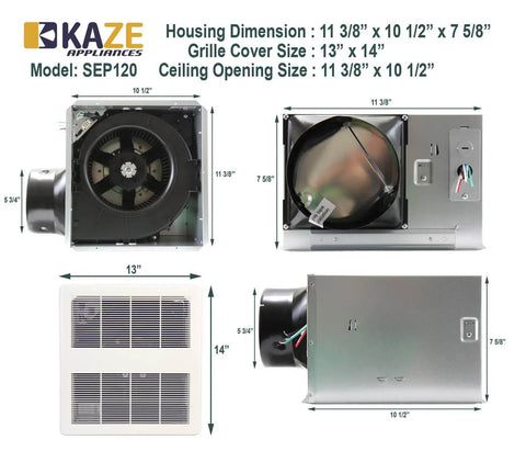 Ultra Quiet 120 CFM Bathroom Exhaust Fan With Energy Star Certification 0.3 Sones For Quiet Performance In Bathrooms Up To 120 Sq Ft Ceiling Opening Size 11 3 8 By 10 1 2 Inches KAZE Appliance SEP120 showing housing and grille cover size dimensions.