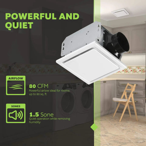 Quiet Ceiling Mount Bathroom Exhaust Fan With 80 CFM And 1.5 Sones White Finish Ideal For Small To Medium Bathrooms Up To 110 Sq Ft From Homewerks shown in installation environment with airflow and sone details highlighted