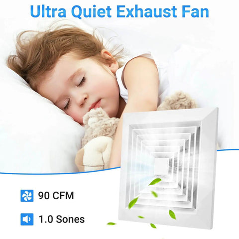 Quiet Bathroom Exhaust Fan With 90 CFM And 0.95 Sones For Fast Moisture Removal, 25W 110V Ceiling Mount, Square Ventilation