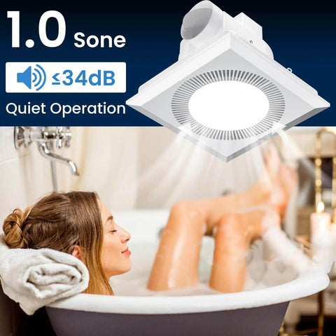 Quiet Square Bathroom Vent Fan With Light, 110 CFM, Adjustable LED Lighting 3000K 4500K 6500K, Ultra Low Noise 1.0 Sones, installed view