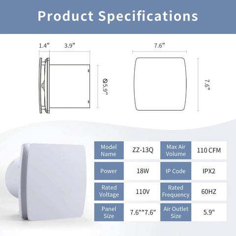 Quiet 110 CFM Exhaust Fan With 1.0 Sones White Square Ceiling Or Wall Mount For Bathroom 5.9 Inch Duct 7.6 Inch Panel