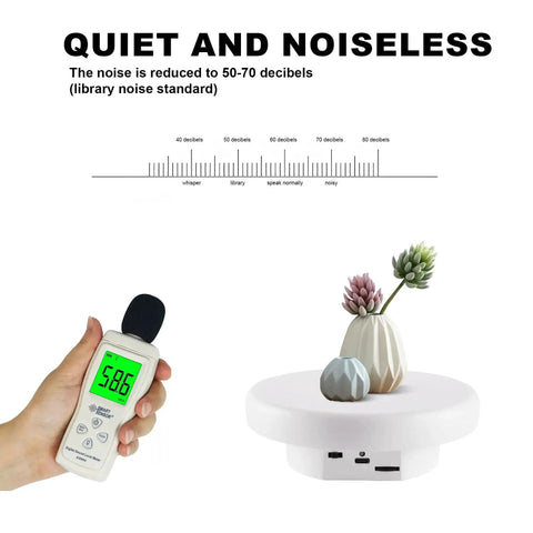Rotating Display Stand Turntable Six Point Three Inch Spinning Stand For Jewelry Watches Cosmetics And Collectibles Ideal For Product Showcases Black Battery Powered With Non Rechargeable Batteries Included For Easy Display shown with decibel meter displaying 58.6