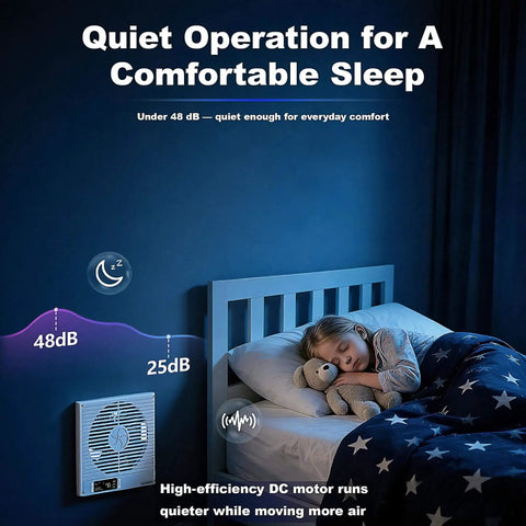 8 Inch Through Wall Room To Room Fan With Remote 320 CFM Air Transfer Temperature Control Reversible Airflow 10 Speeds Quiet Exhaust Vent For Bedroom Laundry And Kitchen From Windigaga installed near a bed in a bedroom with child sleeping.