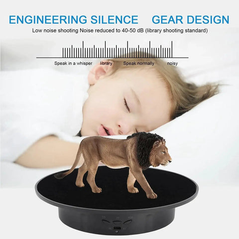 Motorized 360 Degree Rotating Display Stand With Velvet Top for Jewelry and Product Presentation, lion figurine on stand, quiet operation