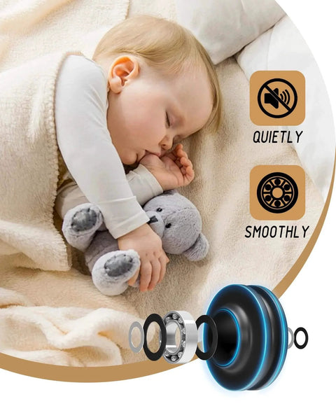Quiet sliding technology for Double Sliding Barn Door Hardware Kit - 12 FT Black Heavy Duty Steel, shown with baby sleeping soundly.