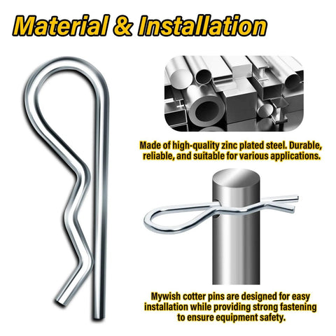 150 Pcs Cotter Pin Assortment Kit With R Shape Hitch Pin Clips, Heavy Duty Zinc Plated Alloy Steel, detail view with pin close-up and installation illustration