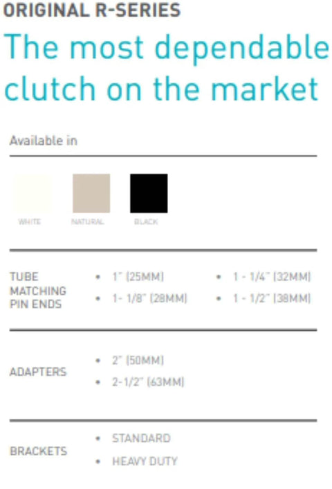 Information chart for R24 Roller Shade Clutch for 1 1/2" Tube - Natural, detailing available colors, sizes, adapters, and brackets.