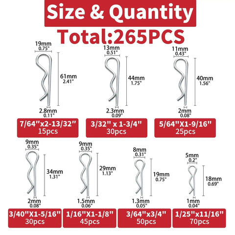 265 Piece R Shaped Cotter Pins Fastener Set For Automotive Marine Tractors Mower Carts Heavy Duty Zinc Plated Steel Hair Pin Assortment Kit With Seven Sizes For Versatile Quick Release And Secure Connections By AIMUNOK, showing size chart of pins in millimeters and quantity per size.