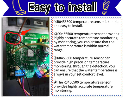 TYHI R0456500 temperature sensor circled on a green pool heater control board with wiring