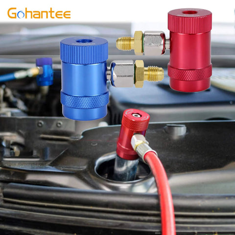 R1234yf quick coupler adapters, blue and red aluminum with 1/4 in fittings for AC manifold gauge set