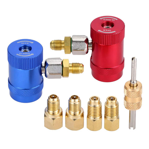 R1234yf quick coupler adapters kit; blue and red aluminum quick-connects with four brass 1/4 in fittings