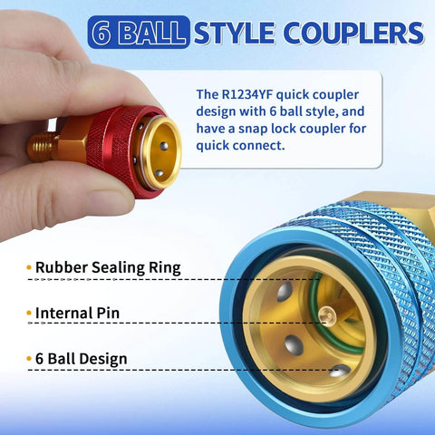 R1234YF To R134A Quick Coupler Kit with brass and aluminum adapters showcasing 6 ball design and sealing ring for automotive AC