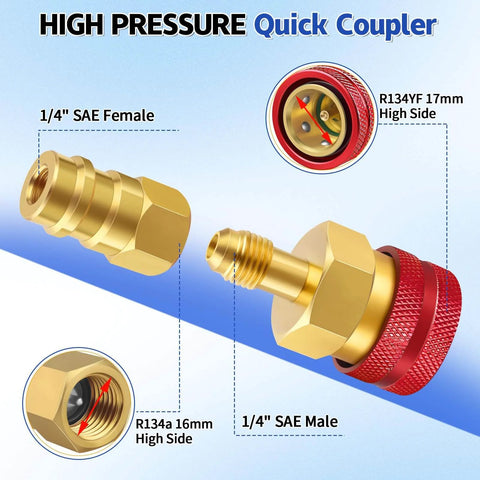 R1234YF To R134A Quick Coupler Kit For Automotive AC DIY Friendly Dual Side Adapters with 14 mm and 1/4 inch SAE fittings