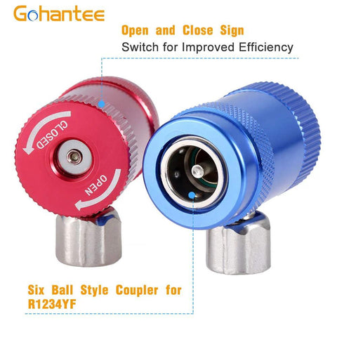 Red Gohantee R1234YF quick coupler adapter, six-ball style, 1/4 in fitting, front view
Blue Gohantee R1234YF quick coupler adapter, 1/4 in fitting, inner valve visible, side view