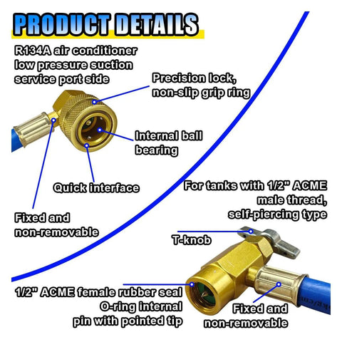 Close-up of R134A Car AC Refrigerant Charge Hose Kit components, including 1/2 inch can tap, quick coupler, and internal ball bearing.
