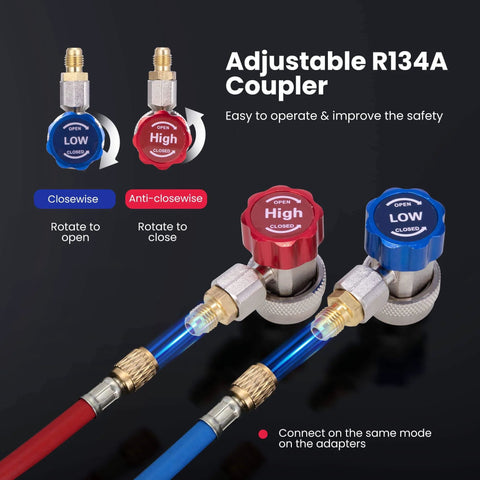 Adjustable R134a Refrigerant Quick Coupler Adapter Kit for HVAC systems, showing high and low side connectors, red and blue