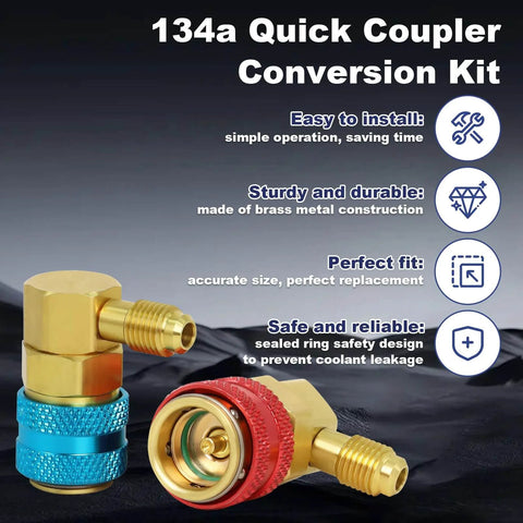 R134a Quick Coupler Kit For Car Air Conditioning Freon Fittings with Brass 6 Ball Quick Connect, 1/4 Inch SAE Flare