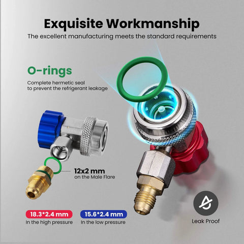 Adjustable R134a Refrigerant Quick Coupler Adapter Kit For HVAC Systems showing connectors and O-rings with leak-proof design.