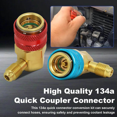 R134a Quick Coupler Kit For Car Air Conditioning Freon Fittings DIY Friendly Brass 6 Ball Quick Connect displayed on table.