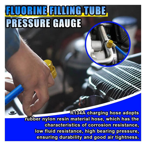 R134A Car AC Refrigerant Charge Hose Kit With Gauge For Low-Pressure Readouts, 100 PSI Quick Coupler in use