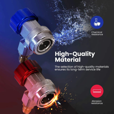 Adjustable R134a Refrigerant Quick Coupler Adapter Kit For HVAC Systems with high and low side connectors in blue and red.