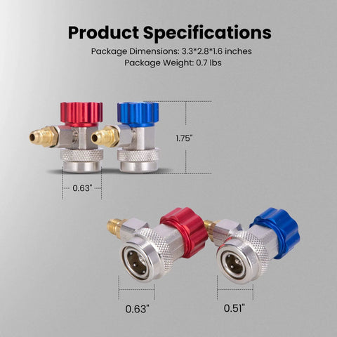 Adjustable R134a Refrigerant Quick Coupler Adapter Kit For HVAC Systems With High And Low Side Connectors In Silver, Red, Blue