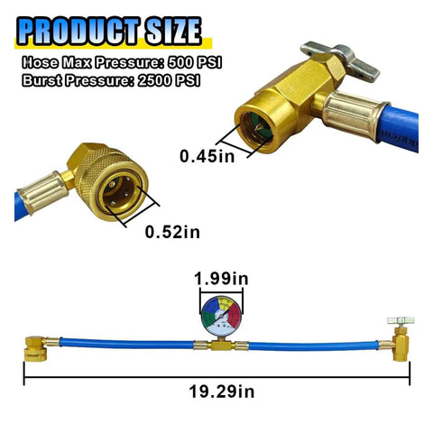 R134A Car AC Refrigerant Charge Hose Kit With Gauge For Low-Pressure Readouts, 100 PSI Quick Coupler, 19.29 inch length