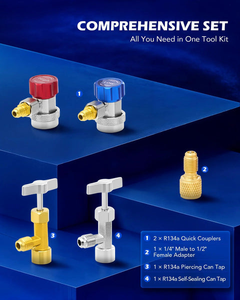 Orion Motor Tech AC manifold gauge set for R134a/R12/R502 with 3-way gauges, 5ft hoses, quick couplers and can taps