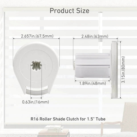 Diagram of R16 Roller Shade Clutch for 1.5" Tube showing dimensions from front and side views