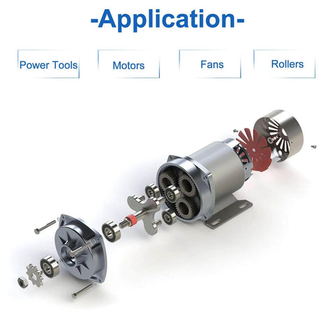 Diagram of applications for R1810ZZ Deep Groove Ball Bearings Double Shielded in machinery, showing use in power tools and motors