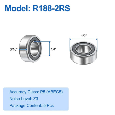 Five Pcs R188 2RS Deep Groove Ball Bearings One Quarter Inch Inner Diameter One Half Inch Outer Diameter Three Sixteenth Inch Height P5 ABEC 5 Miniature Chrome Steel Shielded Z3 For Engineering, dimensions displayed.